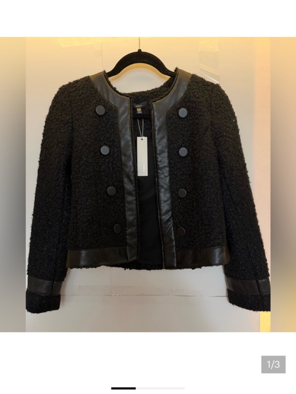 DREW Black Bouclé Jacket with Faux Leather Trim